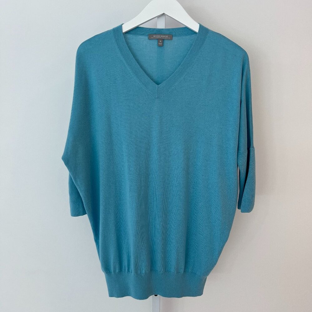 NEIMAN MARCUS THE CASHMERE COLLECTION AQUA BLUE SILK CASHMERE WOOL SHORT SLEEVE